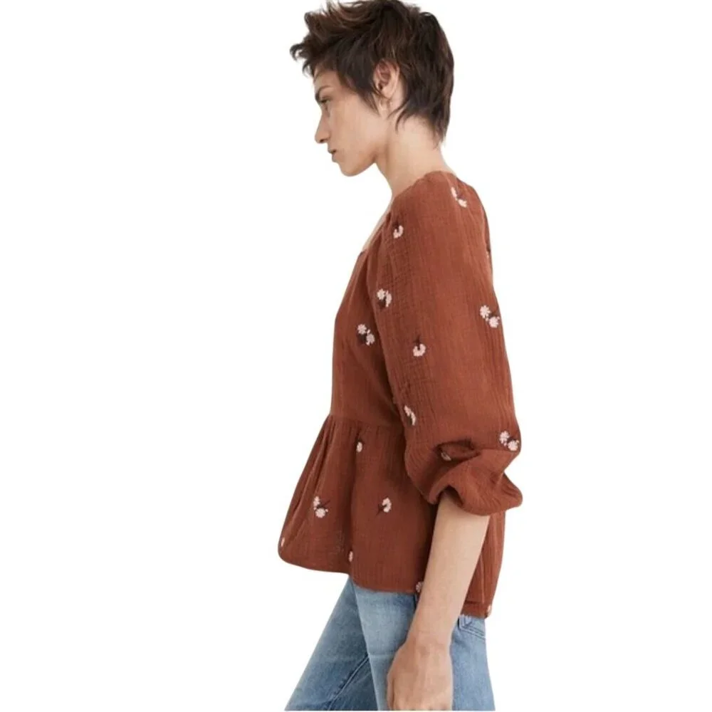 Madewell Amie Floral Embroidered Lightspun Millbrook Puff Sleeve Top Size XS